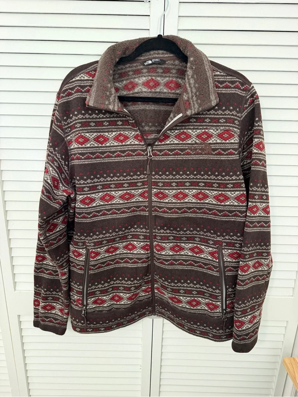 The North Face Brown and Red Fair Isle Zip-Up Sweater Size L